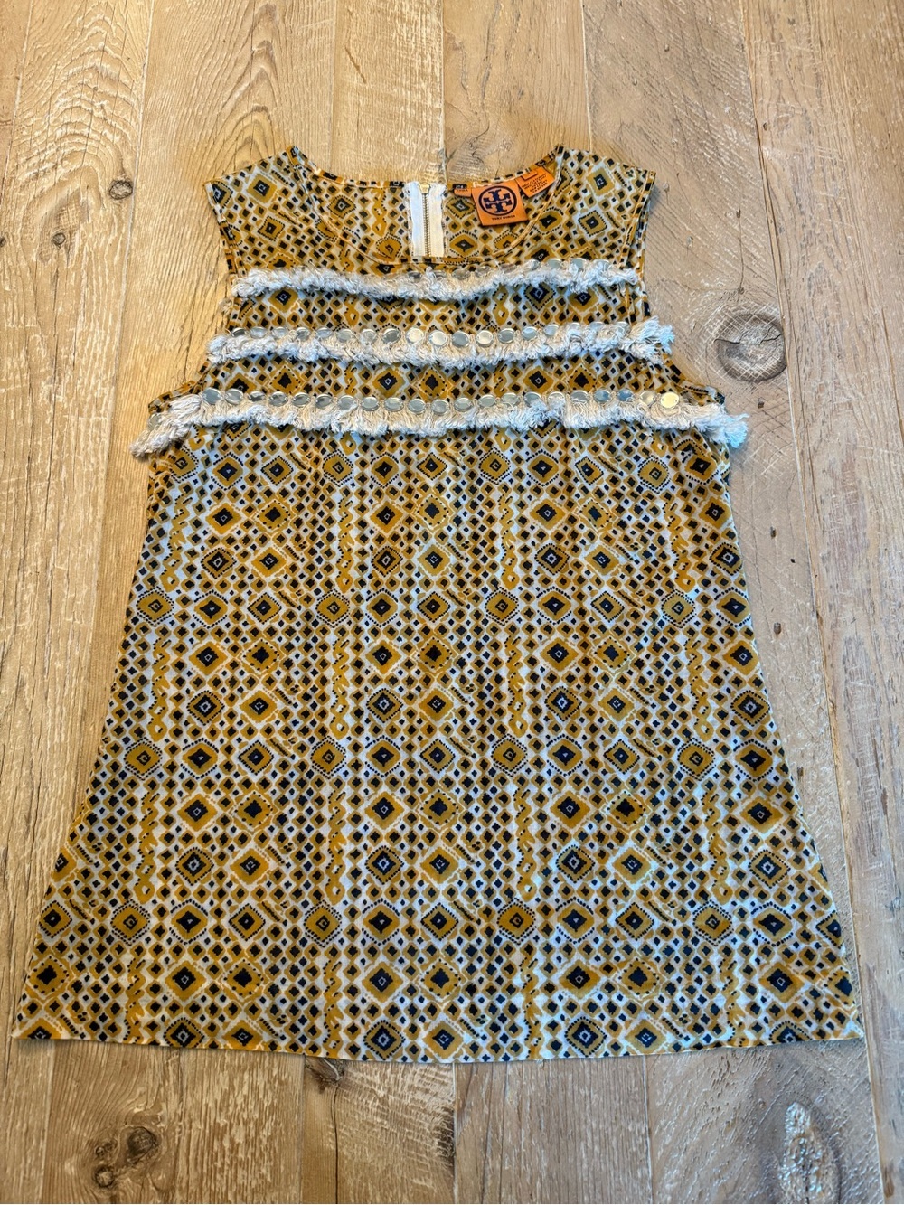Tory Burch Womens Yellow Geometric Fringe Sleeveless Top 4